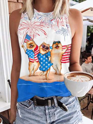 Women's Independence Day Pomerania Hawaii Print Casual Tank Top