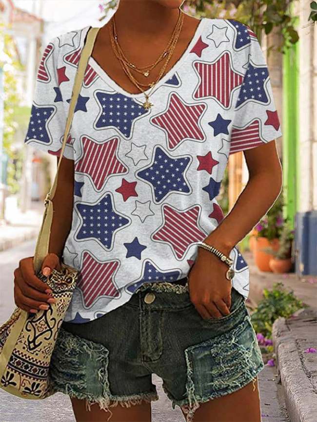 Women's Independence Day American Flag Star Print V-Neck T-Shirt