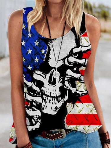 Women's American Flag Skull Print Tank Top