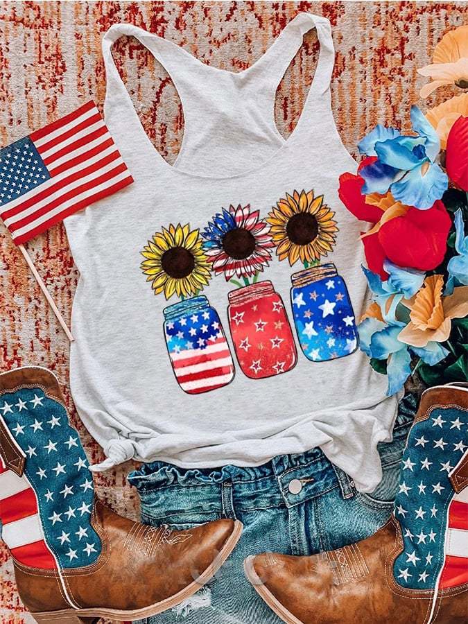 Women'S Stars and Stripes Sunflower Slogan Print Tank Top