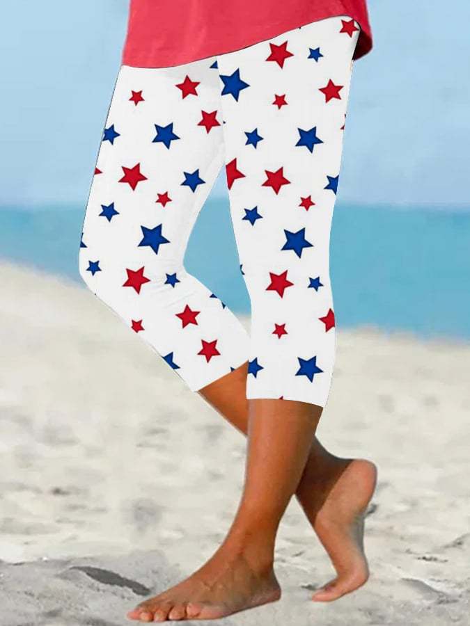 Women's Independence Day Red White Blue Stars Print Cropped Leggings