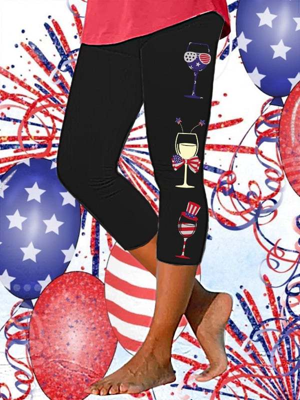 Women's 4th of July Red Wine Glass Print Cropped Leggings