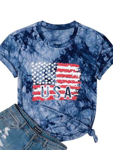 Women's Independence Day Flag Print Tie Dye T-Shirt
