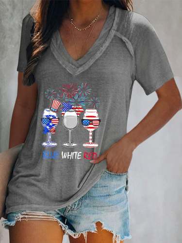 Women's Casual Wine Glass Print Short Sleeve T-Shirt