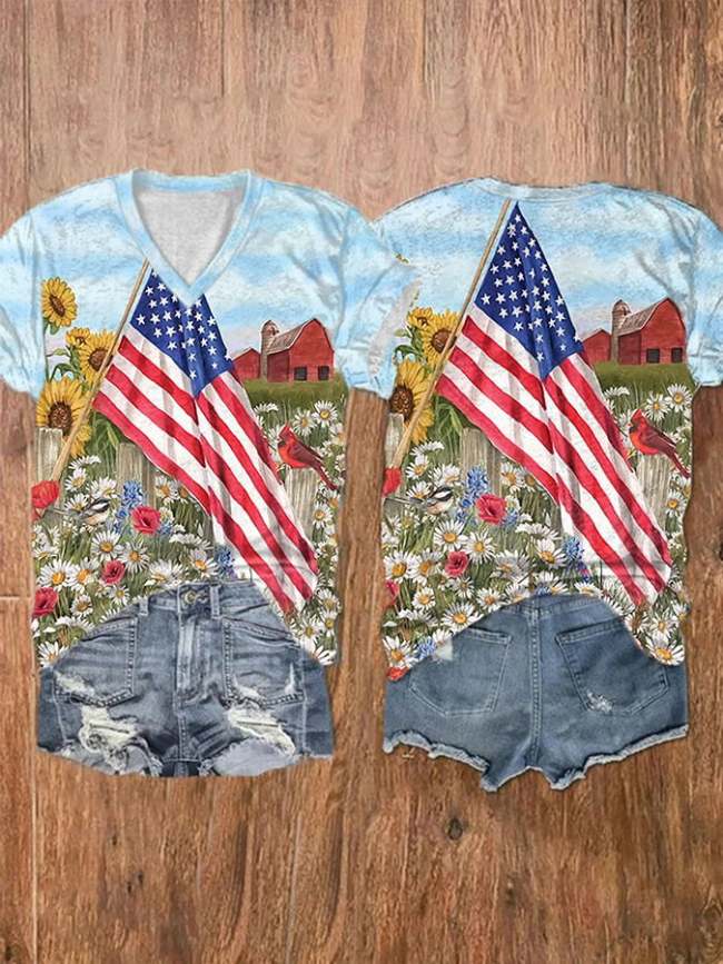 Women'S Independence Day Flag Celebration Floral Print V Neck Casual T-Shirt