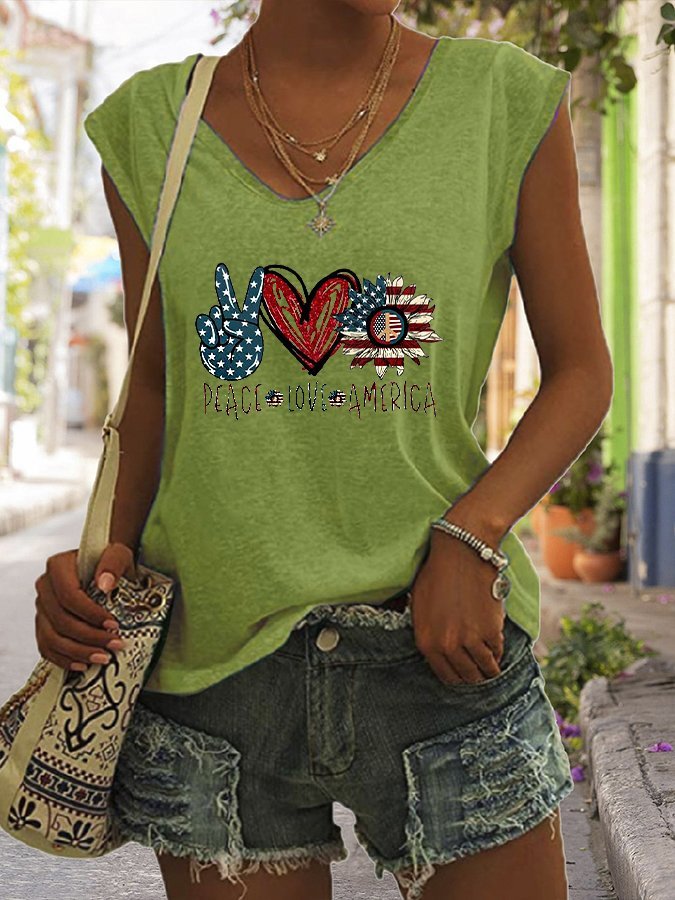 Women's V-neck PEACE LOVE AMERICAN Flag Printed Short Sleeve T-shirt