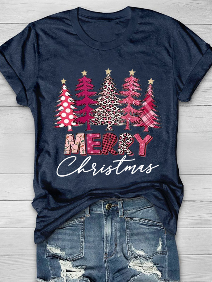 Women's Christmas Tree Merry Christmas Print T-shirt