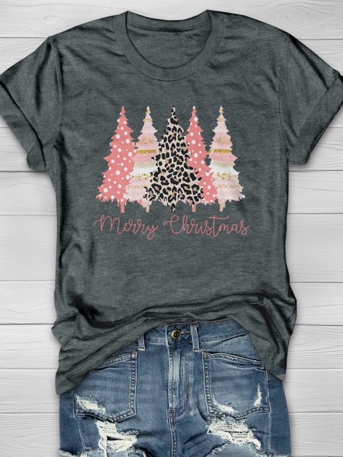 Merry Christmas Pinky Tree Print Short Sleeve T-shirt