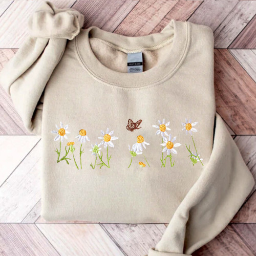 Daisies and butterfly embroidery Sweatshirt