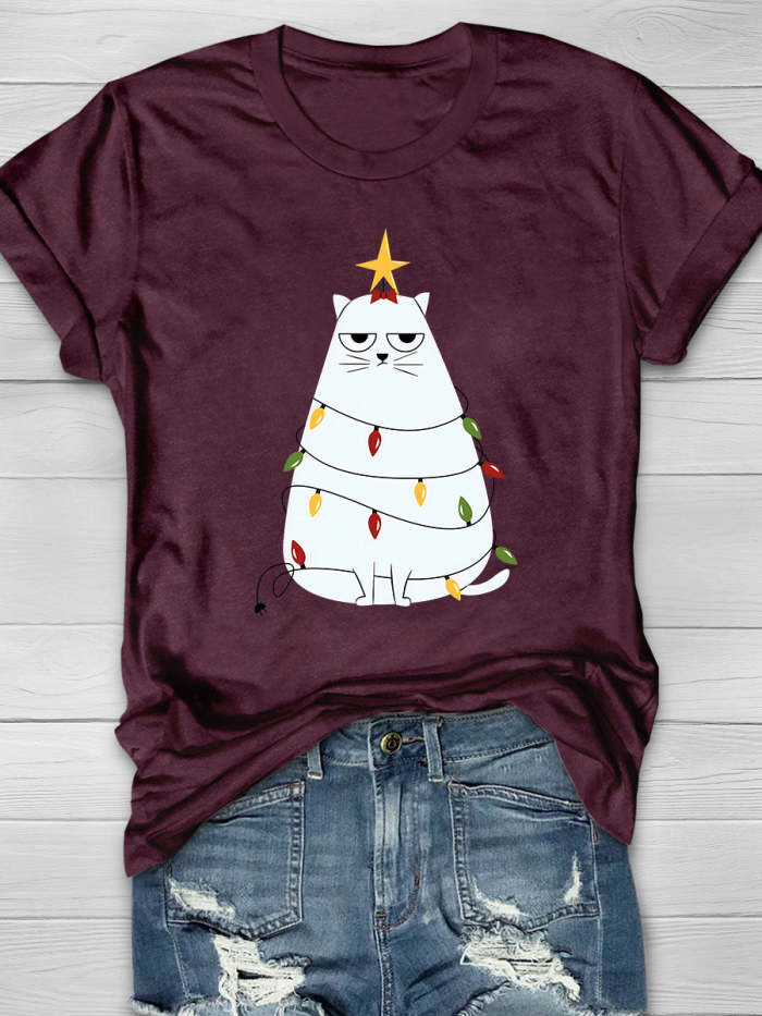 Christmas Tree & White Cat & Star Print Short Sleeve T-shirt