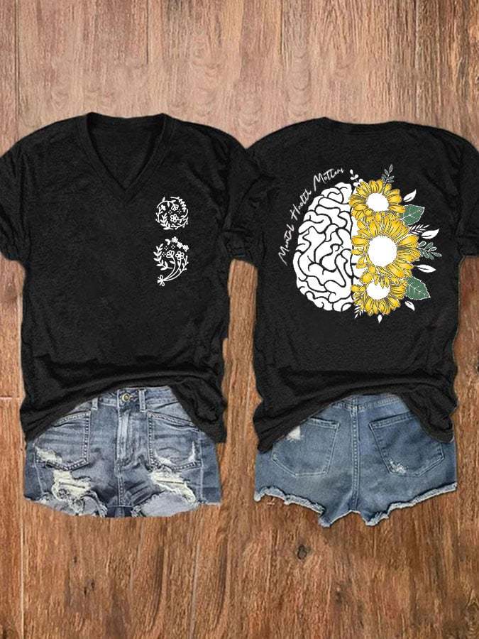 Mental Health Matters Wildflowers Print Short Sleeve T-Shirt