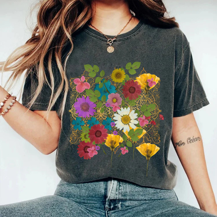 Pressed Wildflowers Flowers Boho Cotton T-shirt