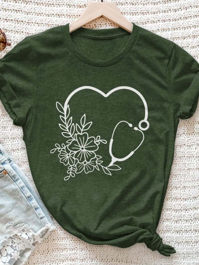 Nurse Flower Print Short Sleeve T-shirt