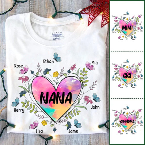 Grandma Heart With Grandkids Flower Personalized T-shirt