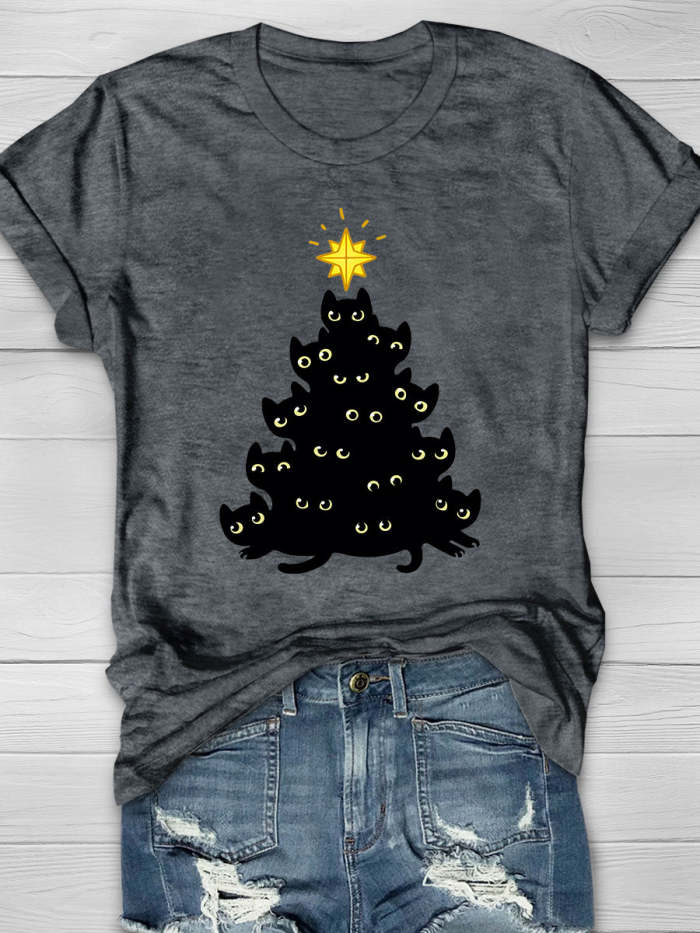 Christmas Tree & White Cat & Star Print Short Sleeve T-shirt