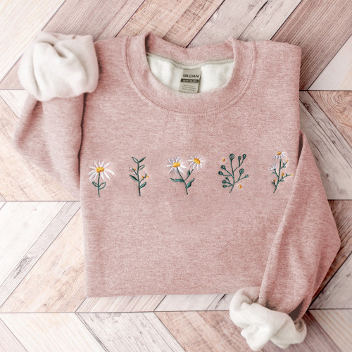 Pink daisy embroidered crewneck sweatshirt embroidered
