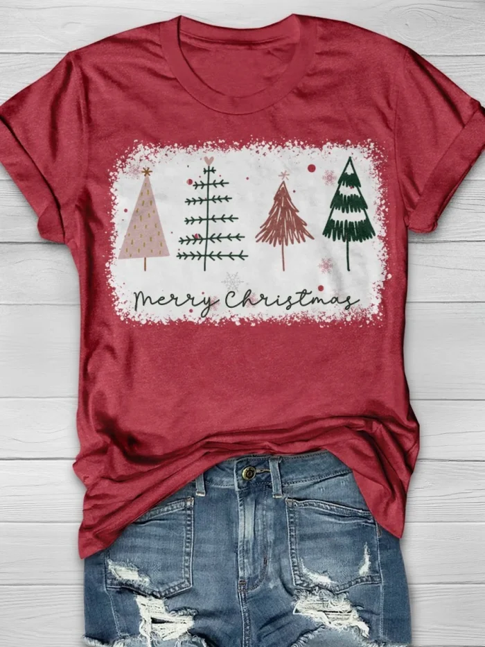 Merry Christmas Tree Print Short Sleeve T-shirt