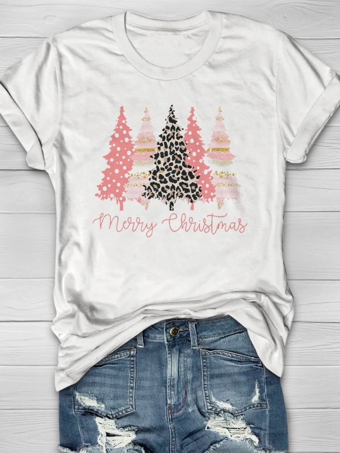 Merry Christmas Pinky Tree Print Short Sleeve T-shirt
