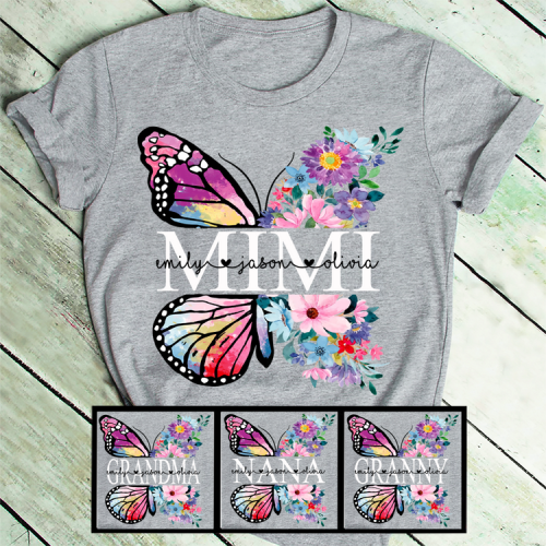 Butterfly Flowers Grandma and Grandkids T-Shirt