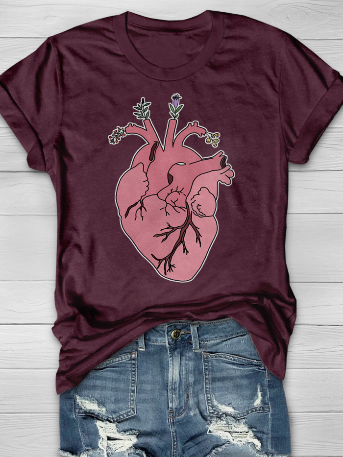 Anatomical Heart With Flowers Print T-shirt