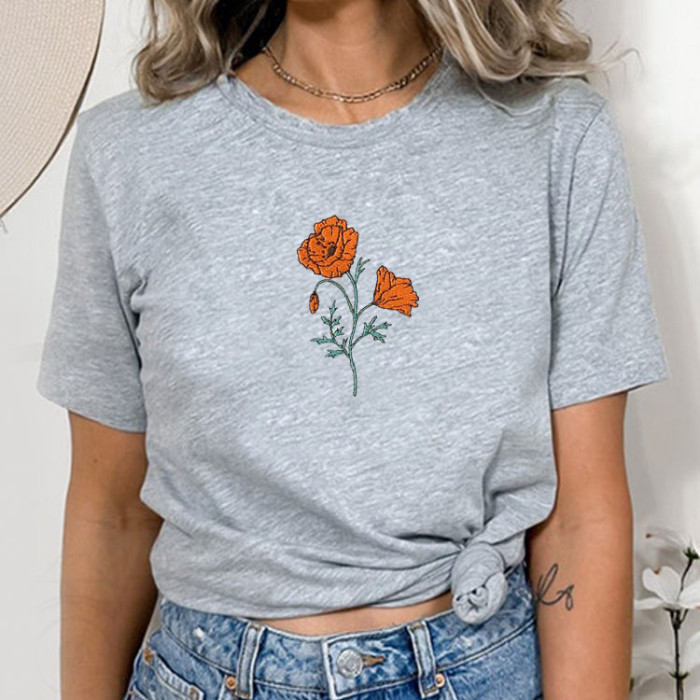 Vintage Style Poppy Embroidered T-Shirt