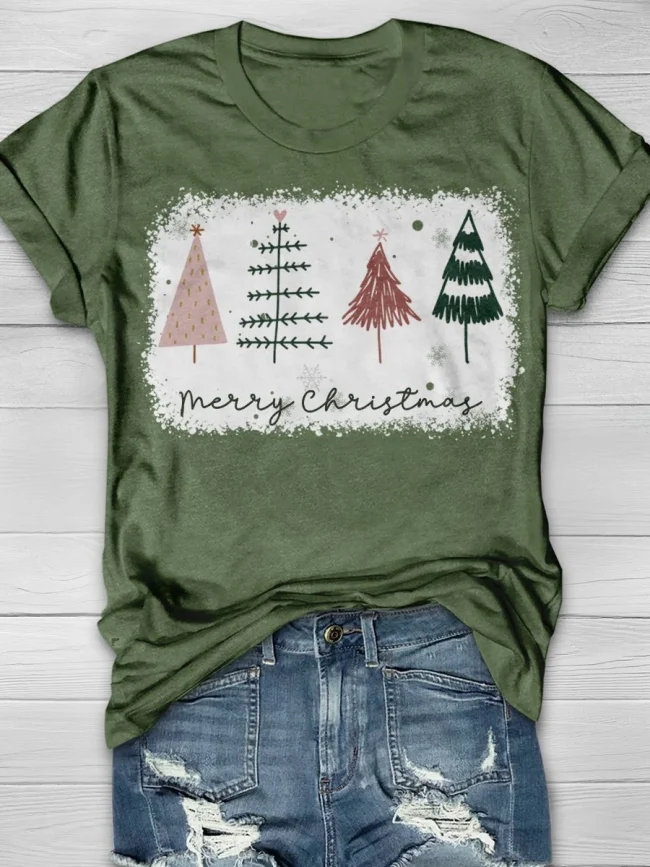 Merry Christmas Tree Print Short Sleeve T-shirt