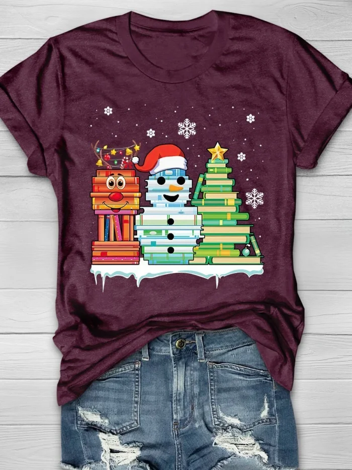 Snowman Book Christmas Tree Print Short Sleeve T-shirt