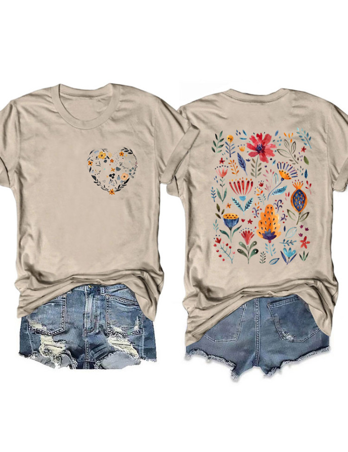 Spring Summer Vacation Casual Plant Flower Heart T-shirt