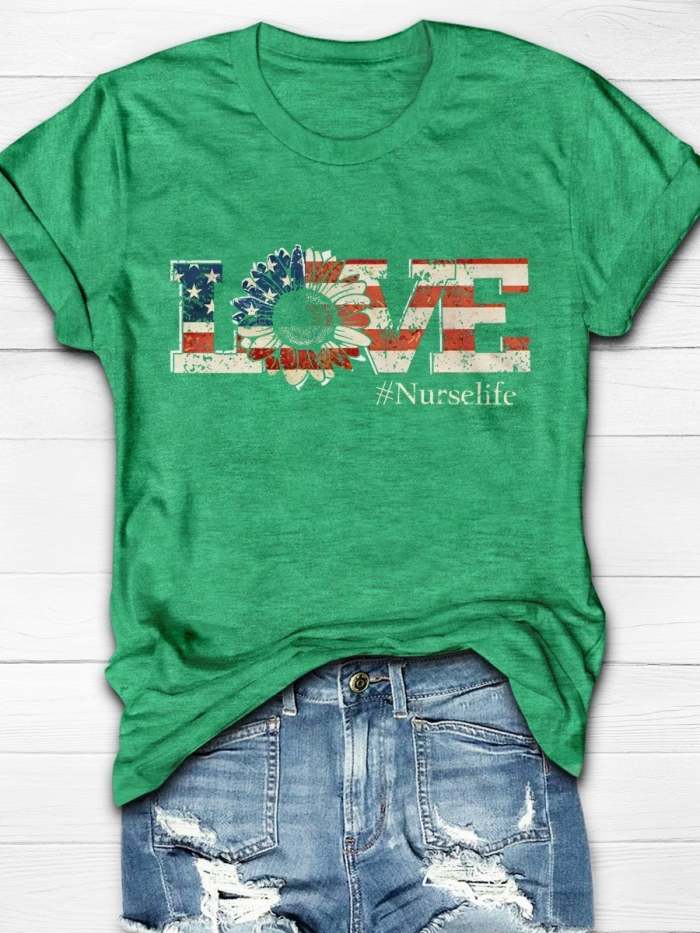 Love Nurse Like Flag Sun Flower Print Short Sleeve T-shirt