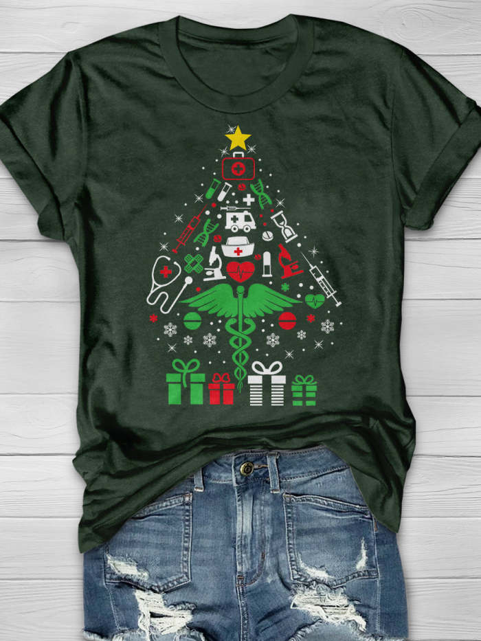 Christmas Tree Nurse Print Short Sleeve T-shirt