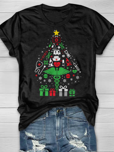 Christmas Tree Nurse Print Short Sleeve T-shirt