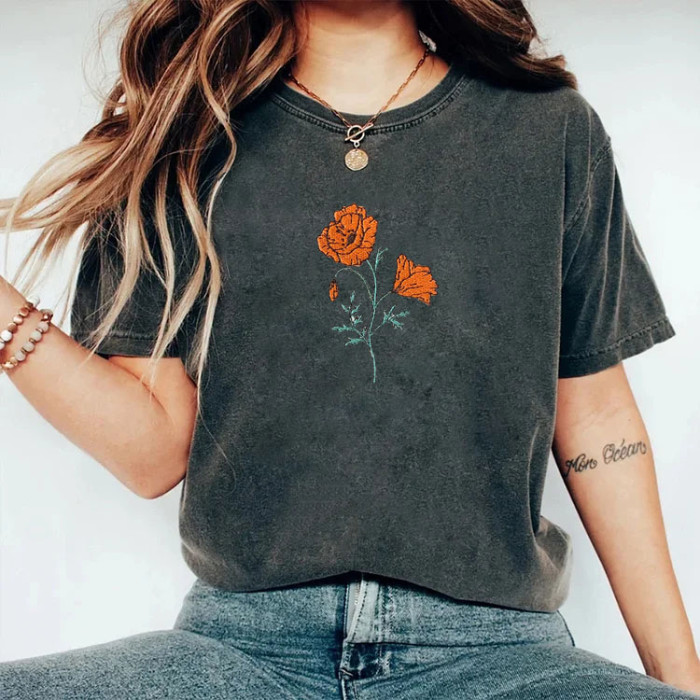 Vintage Style Poppy Embroidered T-Shirt