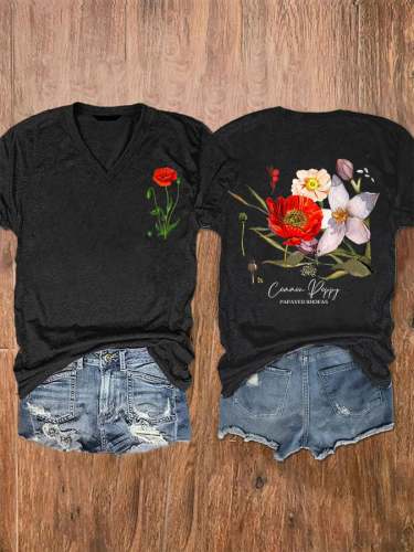 Women's Vintage Poppy Print V Neck T-Shirt