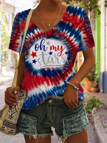 Women's USA Flag Tie-Dye Oh My Stars Print V-Neck Casual Loose T-Shirt