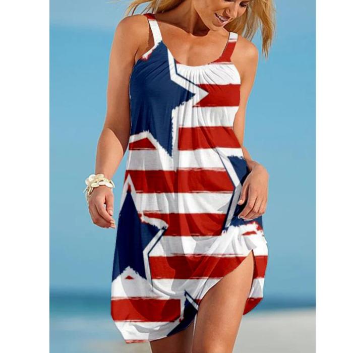 Midi Strap Dress Women Fashion Sleeveless Stripe Bohemian Beach Dresses Sexy Party Evening Loose Large USA Flag Dress Sundress