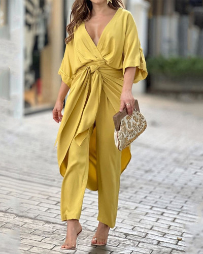 Women's Solid Jumpsuit and Apron Two-piece Suit