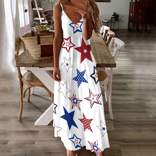 Comstylish American Flag Star Print Slip Maxi Dress