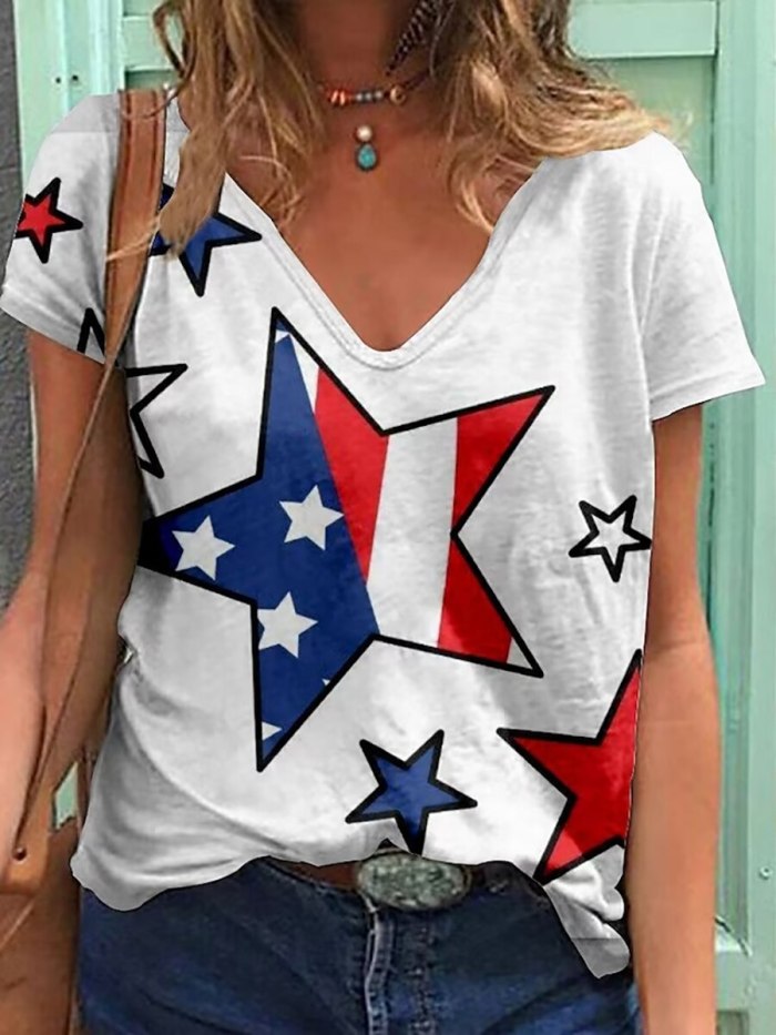 Spring New High Quality V-neck Star Print Women's Casual Short Sleeve Workwear Comfortable Short Sleeve XS-8XL