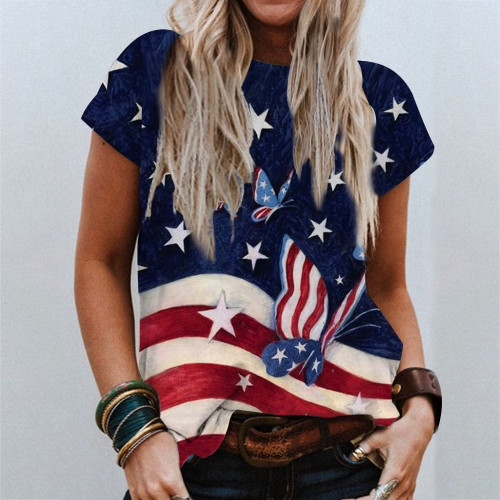 Women's American flag butterfly print short-sleeved T-shirt