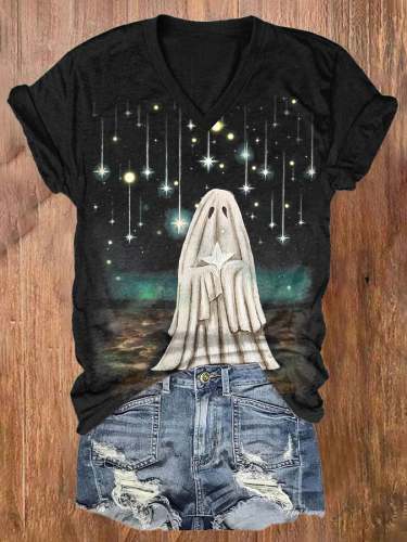 Women's Casual Ghost Art Printed Short Sleeve T-Shirt