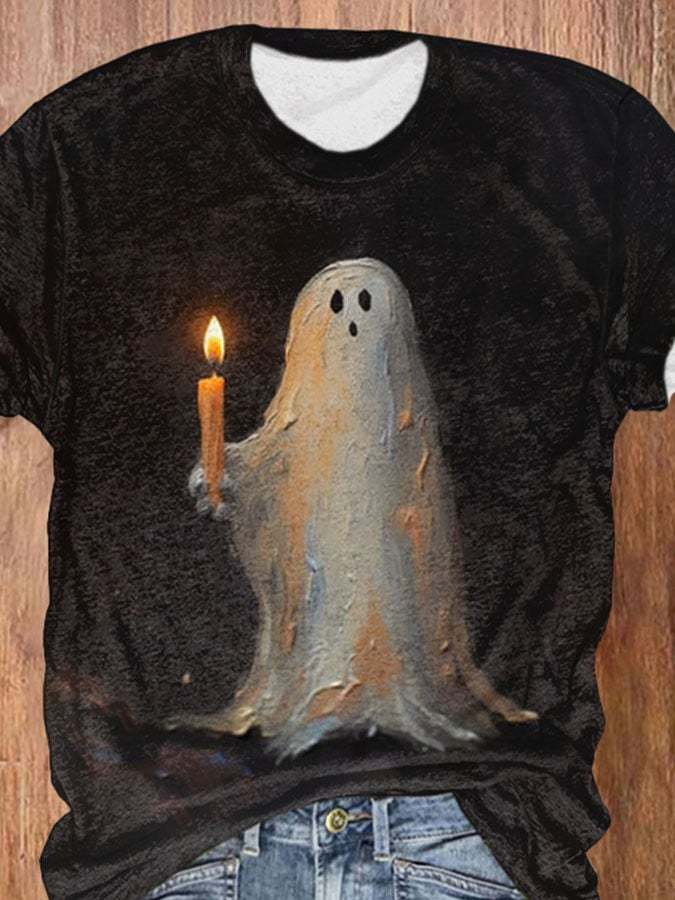 Retro Ghost Painting Candle Print T-Shirt