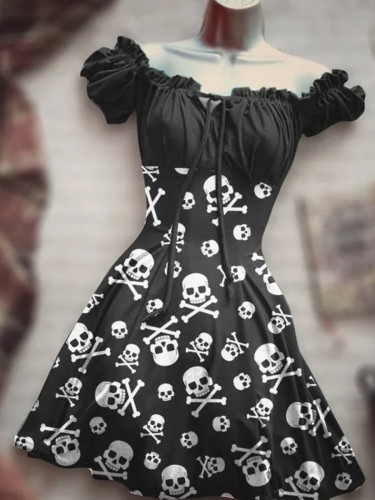 Skull Print Drawstring Casual Punk Dress