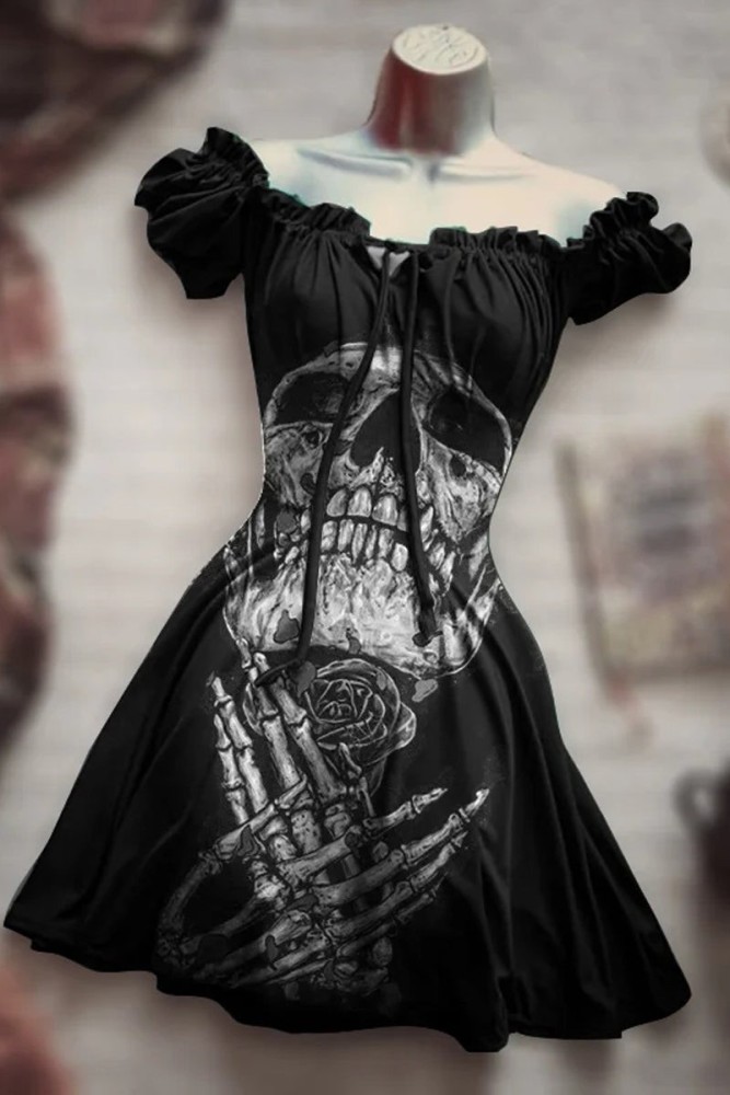 Rose Skull Print Drawstring Casual Punk Dress