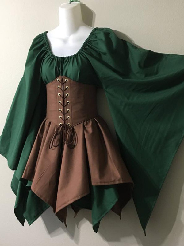 Victoria Medieval Costume Women Long Sleeve Waist Bandage Patchwork Dress