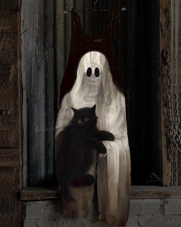 Women's Spooky Print Jumpsuit Hugging A Cat