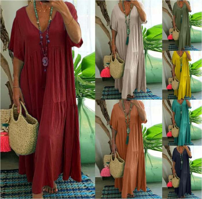 WOMEN'S CASUAL LONG DRESS WITH SHORT SLEEVES