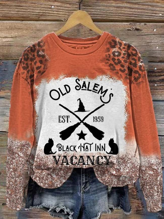 Women's Halloween Old Salems Witch Black Hat In Vacancy Est.1959 Printed Sweater