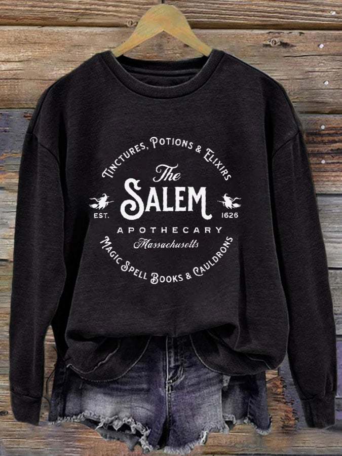 Women's Salem Massachusetts Happy Halloween Witch Printed Round Neck Long Sleeve Sweatshirt