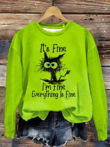 It's Fine Cat Print Round Neck Sweatshirt