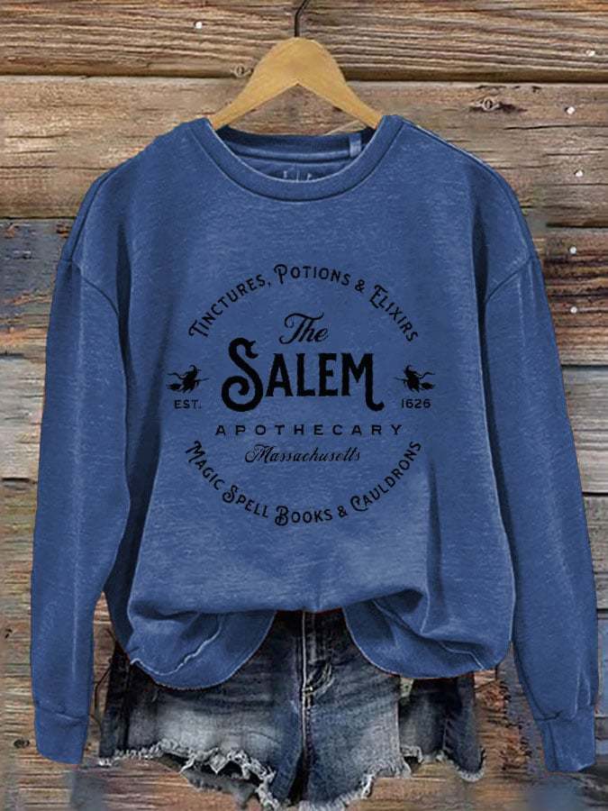 Women's Salem Massachusetts Happy Halloween Witch Printed Round Neck Long Sleeve Sweatshirt